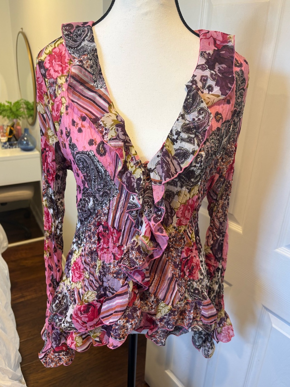 Vintage Kaelyn Max Boho Ruffle Patchwork Peplum Top XL